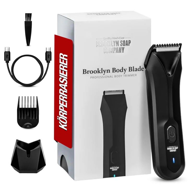 Brooklyn Soap Body Blade - Precise Trimmer for Men, Gentle L Blade for Sensitive Zones, Waterproof, LED Spotlight, 90 Min Battery, 3 Comb Attachments, USB-C Charging Station