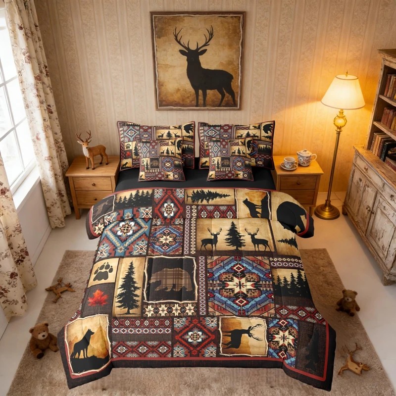 Erosebridal 7 Piece Rustic Cabin Plaid Comforter Set Queen,Rustic Farmhouse Aztec Bedding Sets For Kids Teens Men,Retro Hunting Wild Animals Bed in a Bag With Sheets,Country Woodland Pine Tree Bed Set