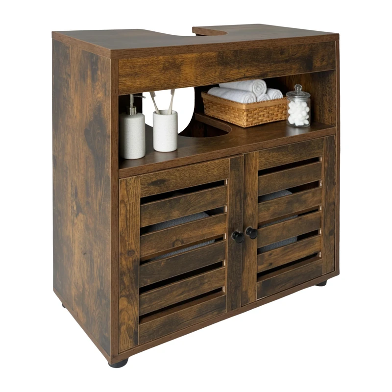 Relaxdays, HxWxD: 63 x 60 x 30 cm, 2 compartments, MDF, bathroom sink cabinet, brown, Fibreboard, Plastic