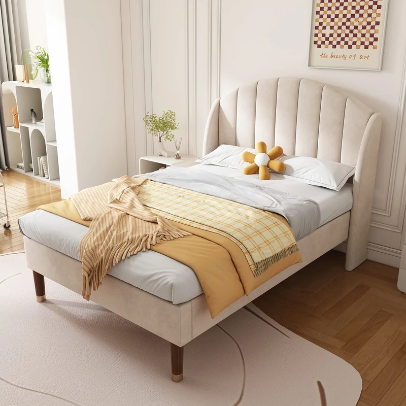 Ball & Cast Single Bed Frame, Soft Velvet Upholstered Bed, Upholstered Bed with Slatted Frame and Headboard, Adjustable Headboard,wooden slatted support, 90 x190cm, Beige