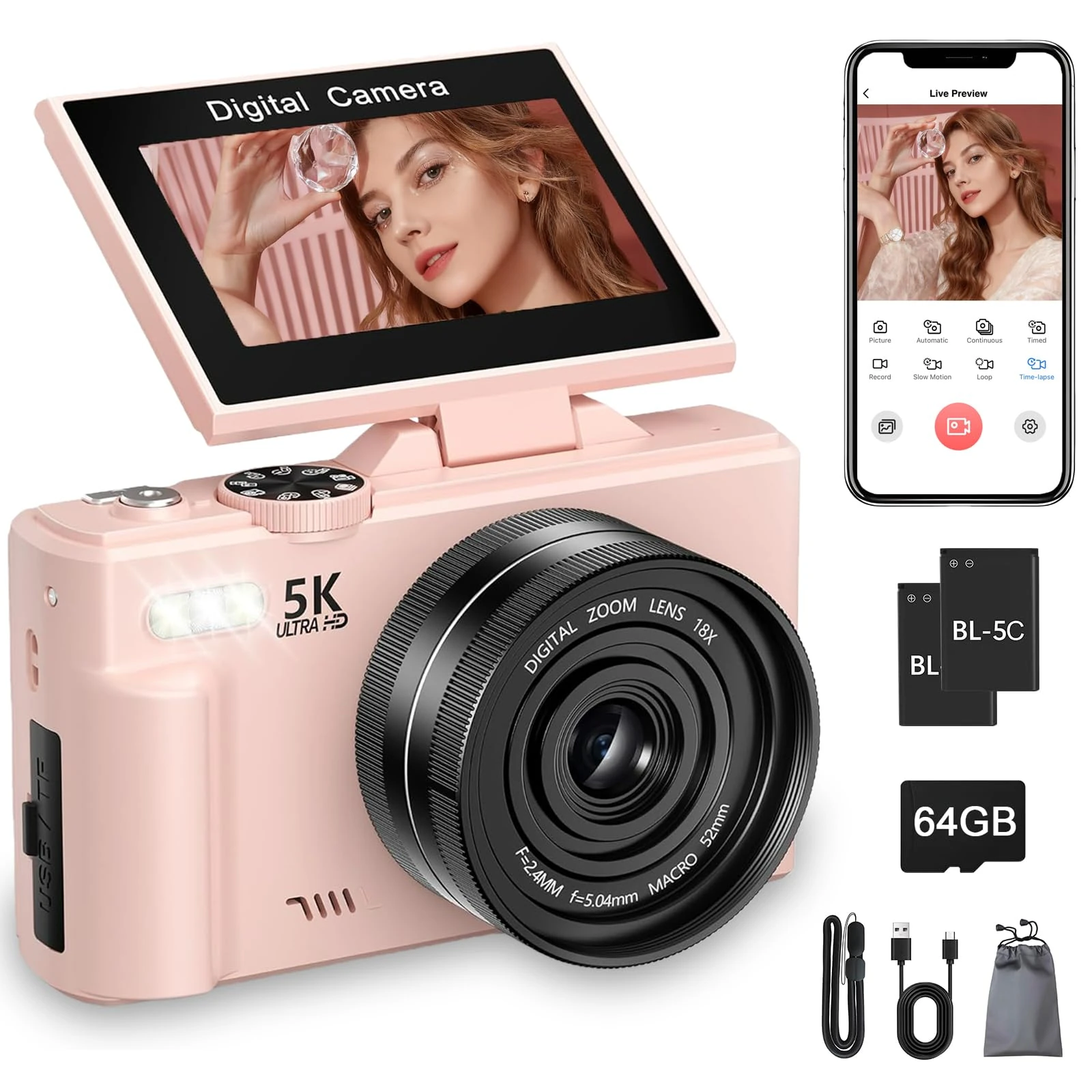 5K Digital Camera, 75MP WiFi Vlogging Camera with 180° Flip Screen, Autofocus, 18X Zoom, 64GB Card, 2 Batteries, Compact Point and Shoot Digital Cameras for Beginner Teens Student Kids Girls (Pink)