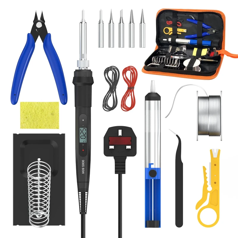 80W 15-in-1 Soldering Iron Kit, LCD Adjustable Temperature 180-520°C, Electric Soldering Iron Kit Welding Tool with 5 Soldering Tips, Desoldering Pump, Tin Wire Tube, Stand, Tweezers-Black