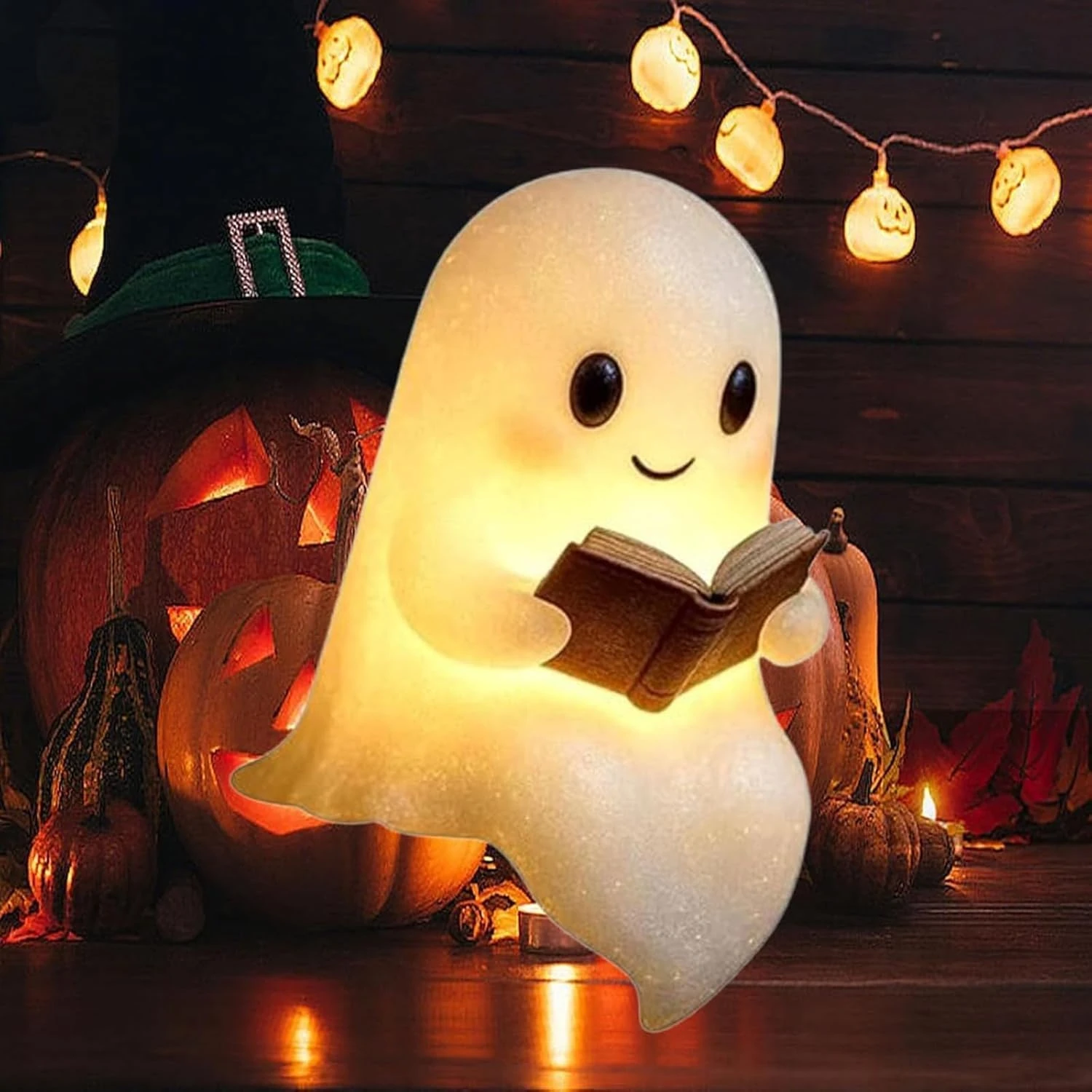Maikaibuzi Cute Ghost Reading Book Lamp,Halloween Decor 3D LED Light Up Ghost Night Light for Bedroom Table Shelf Spooky Warm Figurine Lamp Gift for Readers