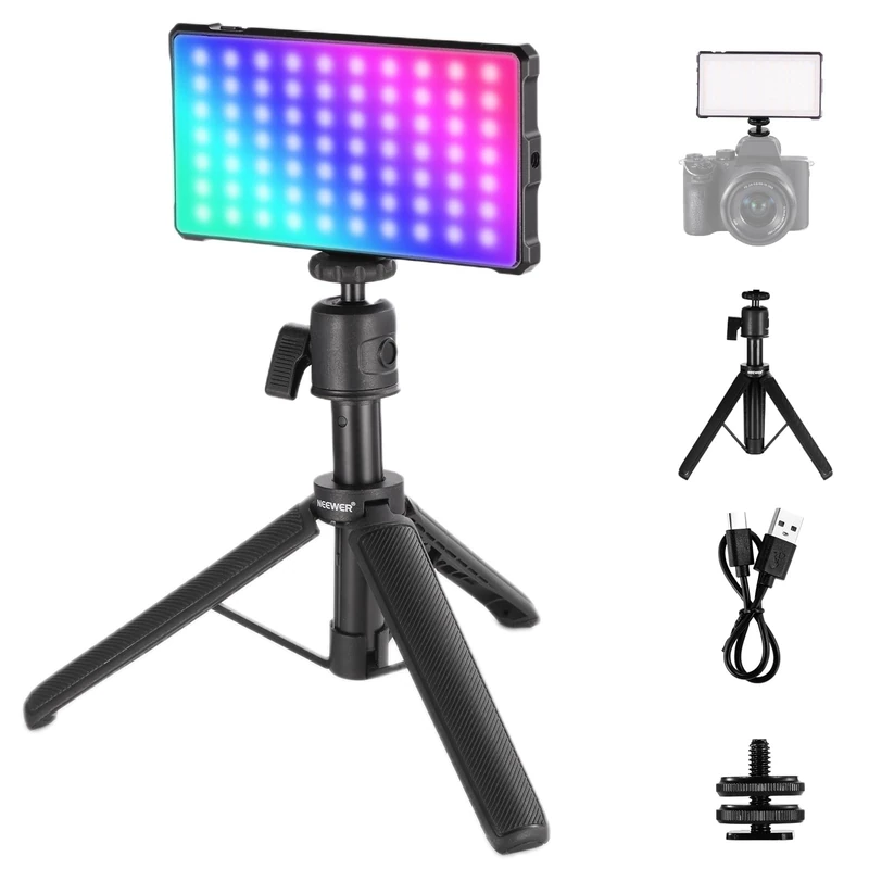 NEEWER Basics Full RGB Camera Video Light with Desk Tripod Stand, 9W CRI97 2700K-7500K 17 Scenes 4000mAh Portable Metal Small LED Panel Lighting for DSLR Streaming Photography Video Recording, SL90C