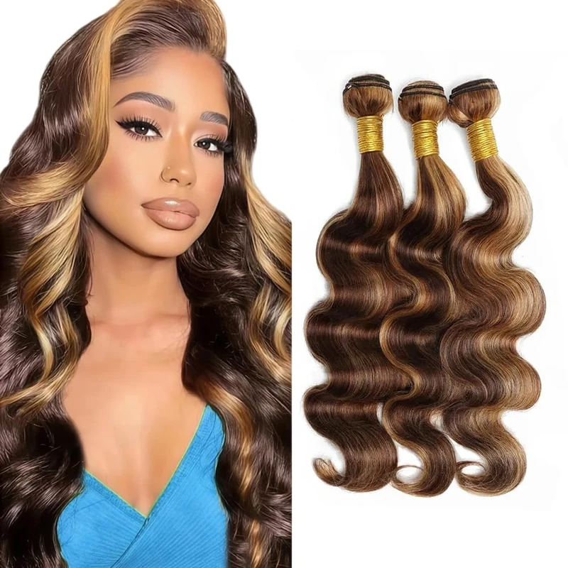 Body Wave Human Hair Bundles P4/27 Higlight Blonde Brazilian Unprocessed Remy Virgin Hair Weave Bundles Body Wave Hair Extensions 3 bundle 16 18 20 Inch