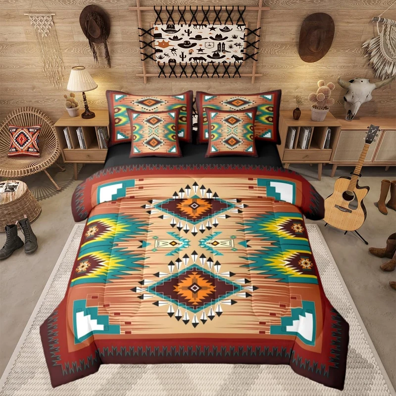 Erosebridal Rustic Farmhouse Teens Comforter Set 7 Piece Western Aztec Bedding Set King Size Southwestern Vintage Bohemian Bed in A Bag for Kids Boys Adult Bedroom Ethnic American Native Sheets