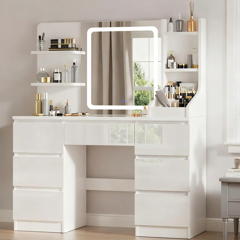 TRIUMPHKEY High Gloss White Dressing Table, Vanity Desk with LED Mirror