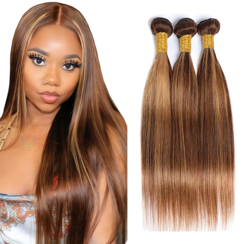 Straight Human Hair Bundles P4/27 Higlight Blonde Brazilian Unprocessed Remy Virgin Hair Weave Bundles Straight Hair Extensions 3 bundle 16 18 20 Inch