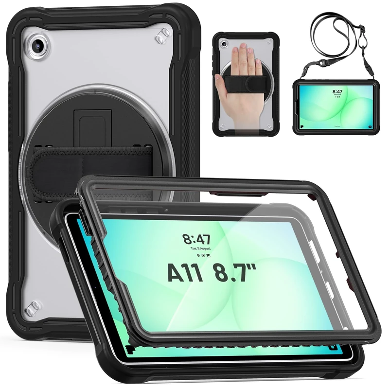 Case for Samsung Galaxy Tab A11 8.7 inch 2025, Full-body Shockproof with Screen Protector, 360° Rotating Stand & Hand Strap & Shoulder Strap (Transparent)