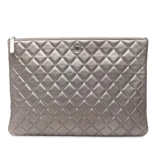 Chanel Pre-Loved Large Quilted Metallic Lambskin O Case Clutch