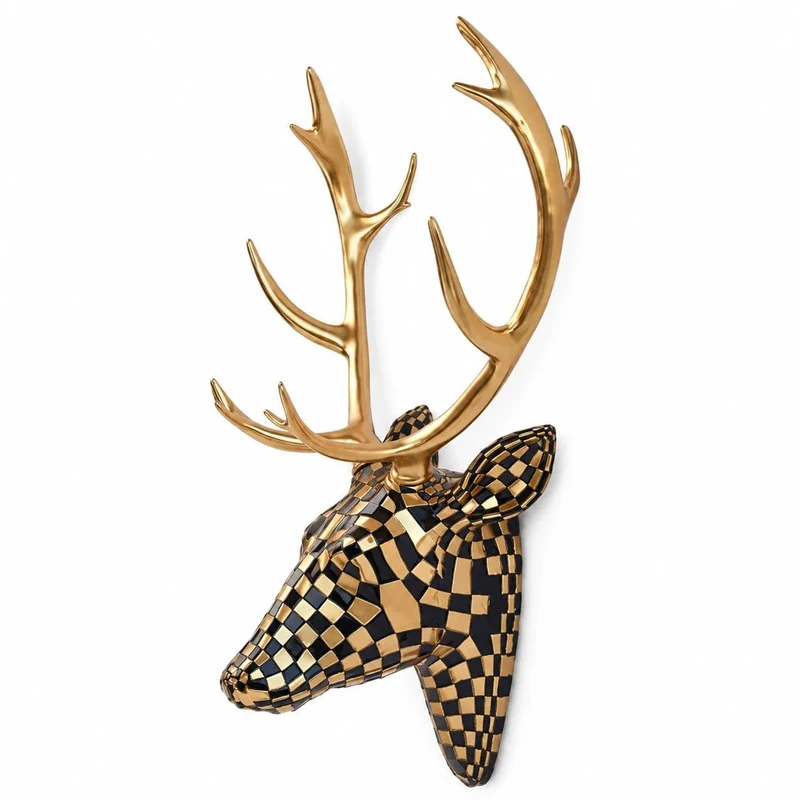 GIGICICI 15.7x8.7-Inch Mosaic Deer Head Wall Decor, Artistic Faux Resin Animal Head Wall Sculptures Decor Hanging Decoration for Living Room Bedroom Kitchen Gift, Black-Gold