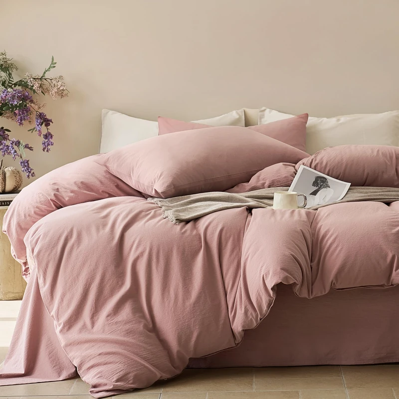 JELLYMONI 100% Cotton Queen Duvet Cover Set, Washed Linen-Like Texture