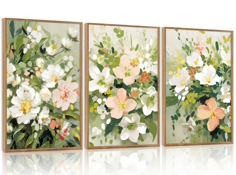 IARTTOP Framed Abstract Green Pink Floral Canvas Wall Art, Watercolor Spring Sage Green White Flowers Plant Wall Decor, Modern Minimalist Nature Botanical Art Print for Farmhouse Living Room Bedroom