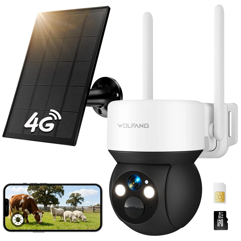 WOLFANG No WiFi Security Camera, 4G CCTV Camera with SIM Card, Camera Wireless Outdoor, Solar Powered, Night Vision, Spotlight, 2K HD, Local Recording, 2-Way Audio, PIR Motion, 32GB microSD Card