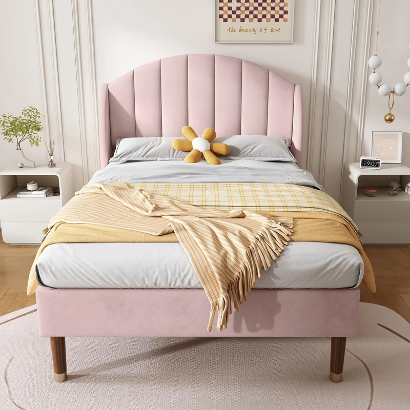 Ball & Cast Single Bed Frame, Soft Velvet Upholstered Bed, Upholstered Bed with Slatted Frame and Headboard, Adjustable Headboard,wooden slatted support, 90 x190cm, Pink