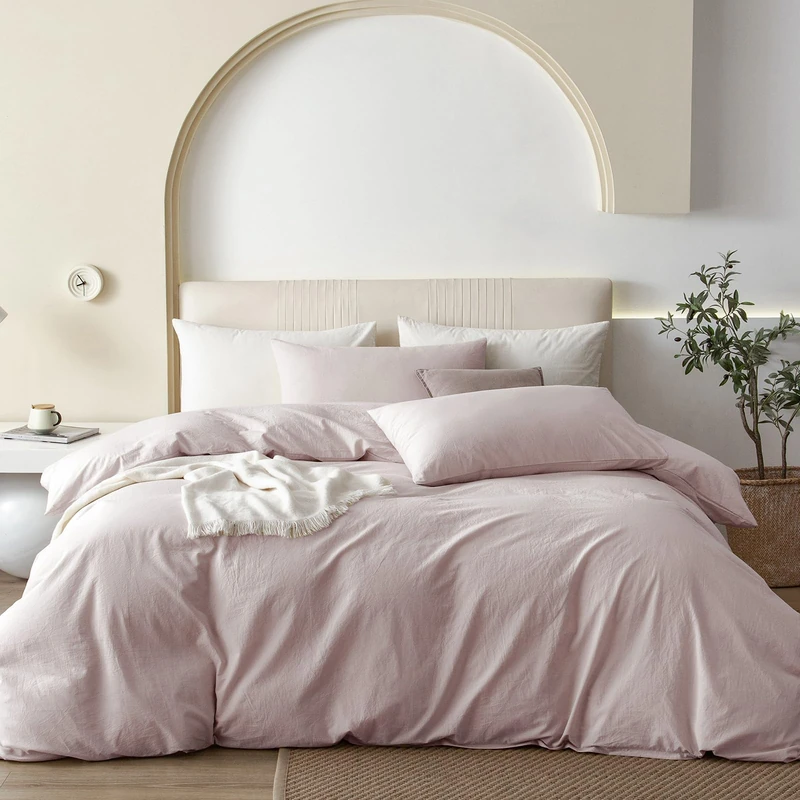 JIYUAN 100% Washed Cotton Duvet Cover Set 3 Pieces Queen, 1 Duvet Cover 90x90 Inches(Comforter Not Included) and 2 Pillowcases,Linen Like Comfy and Breathable, Heathered Greyish Pink