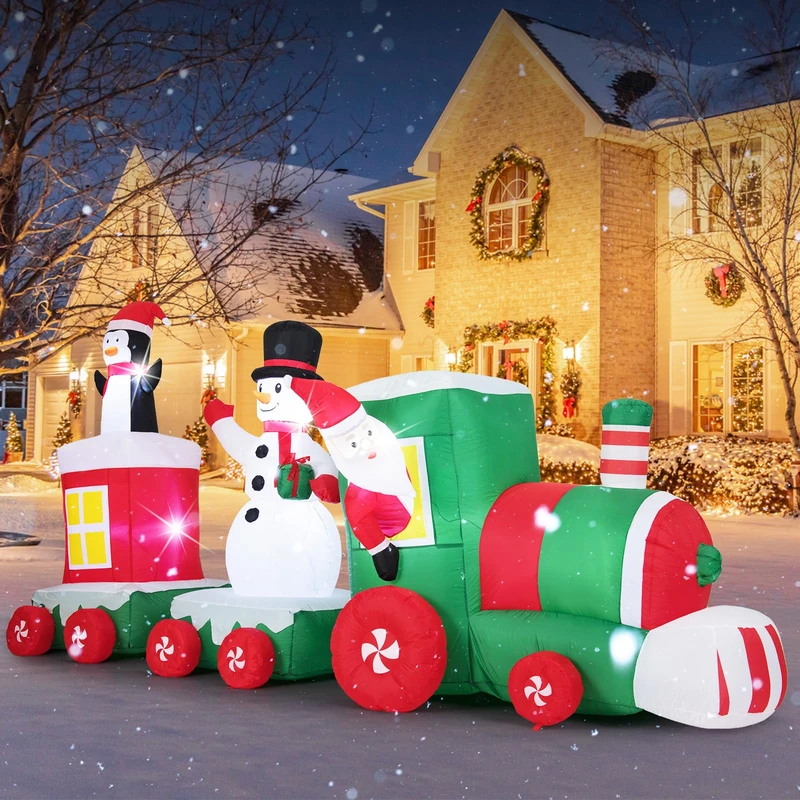 SPOTRAVEL Inflatable Santa Claus, Blow Up Christmas Decoration with LED Lights, Stakes & Ropes, Special Xmas Holiday Prop for Yard Garden Lawn (Red + Green Train)