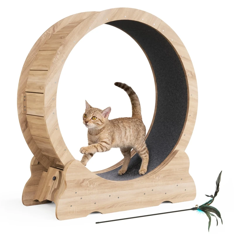 Mondeer Cat Wheel, 35.4 Inch Cat Exercise Wheel for Indoor Cats Treadmill with Detachable Carpet and Teaser, for Running Walking Training, Natural Wood