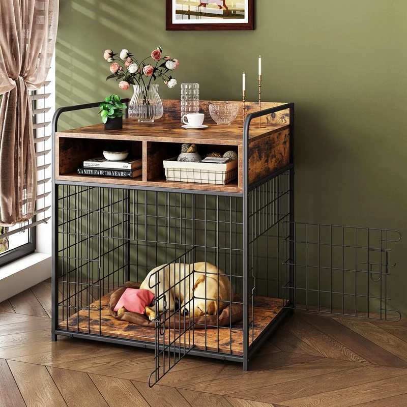 Feonase Small Dog Crate Furniture with Drawer Storage, Small Indoor Wood Dog Kennel, Metal+Wood Dog Cage Table, 70×52×73CM - Rustic Brown