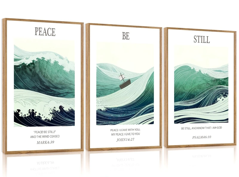 IARTTOP Framed Bible Verse Wall Art Set,Christian Scripture Canvas Poster Ocean Waves Wall Decor,Inspirational Jesus Religious Peace Be Still Art Prints Christian Bible Artwork for Church Living Room