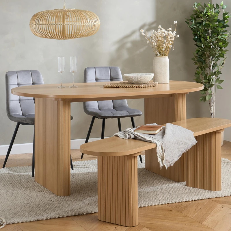 Birlea Axel Oval Fluted Dining Table With 2 Chairs And Bench