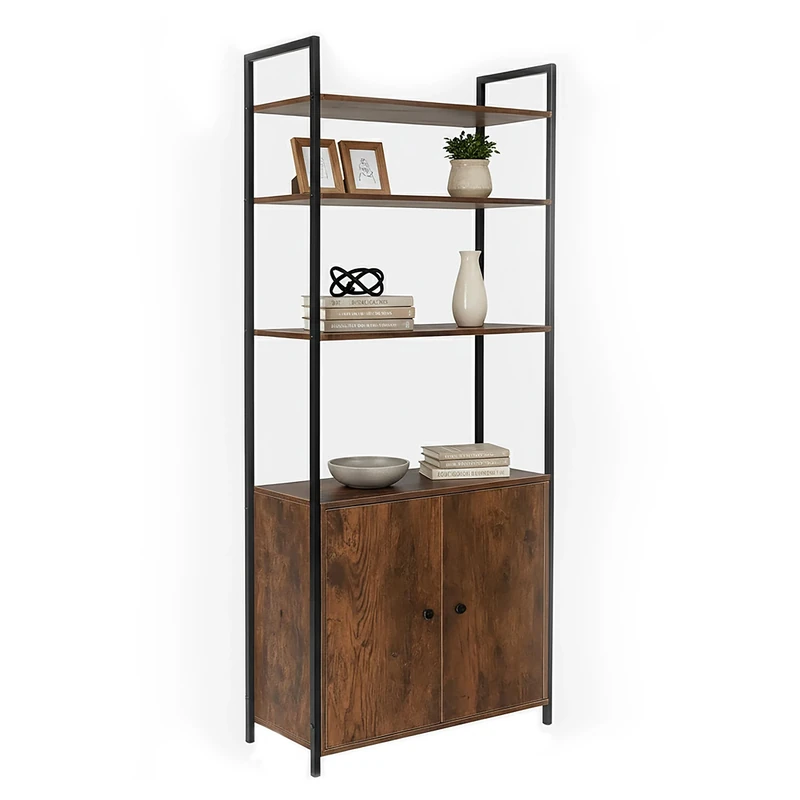 Relaxdays bookcase, HWD: 159.5 x 60 x 24 cm, 6 shelves, storage unit, MDF, metal, freestanding, brown/black