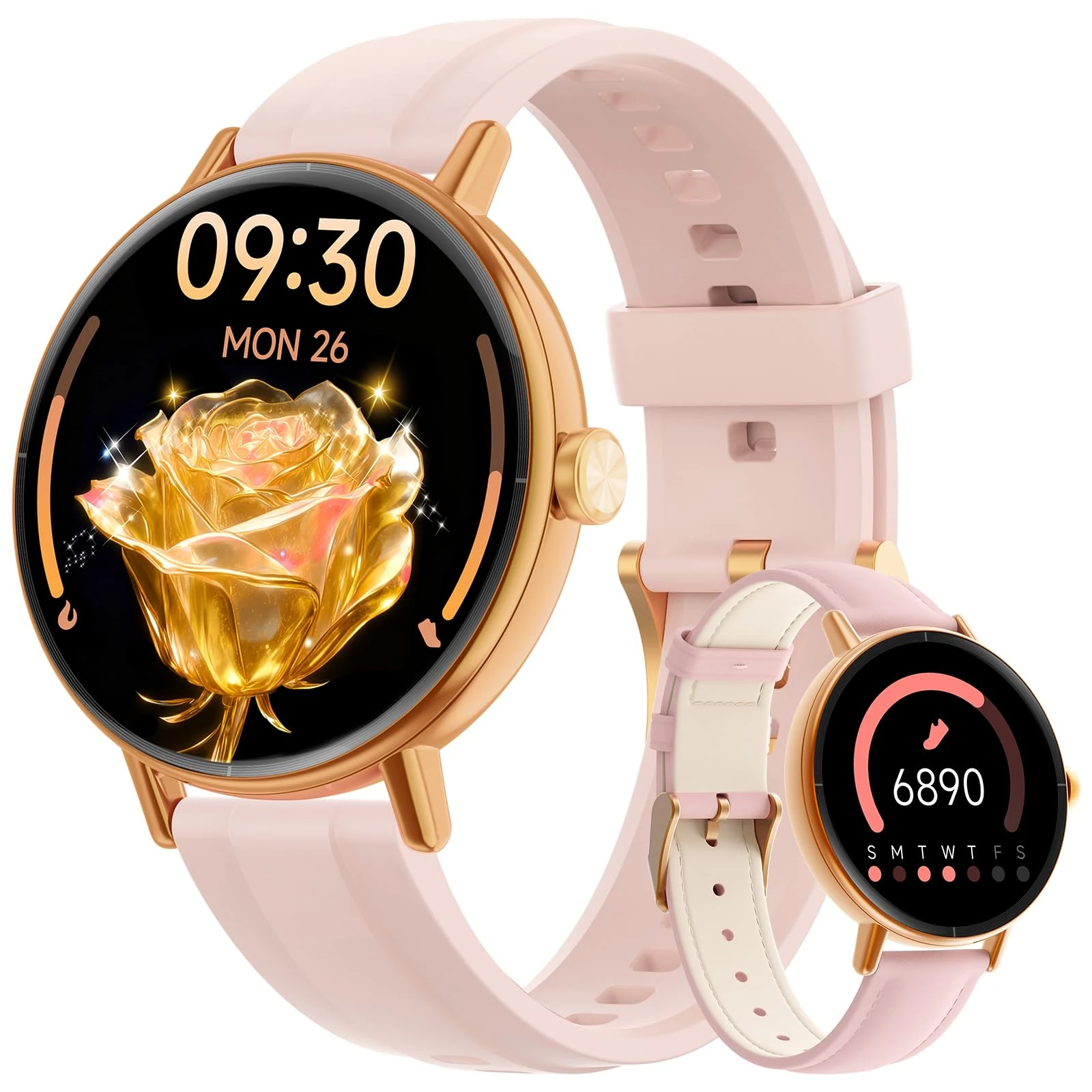 Smart Watches for Women Answer Make Call,1.27" HD Dynamic Dial Fitness Watch with Heart Rate Slee SpO2，Leahter Ladies Smartwatch for iPhone,Samsung,Android,IP68 Waterproof,110+ Sport Mode-Pink Rose