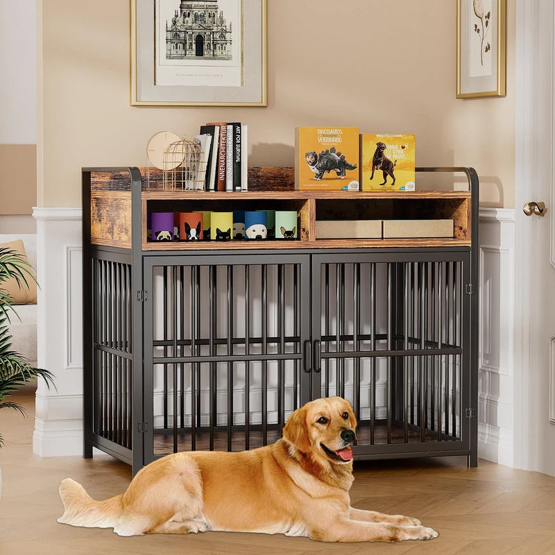 Feonase Large Dog Crate Furniture with Drawer Storage, Large Indoor Wood Dog Kennel, Heavy Duty Metal Dog Cage Table, 103×60×80CM - Rustic Brown