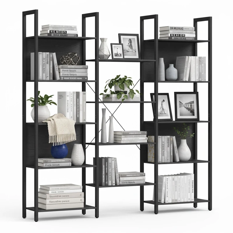Relaxdays Industrial Bookshelf, 14 Shelves, Wood Effect & Metal, Living Room & Office Shelf, H166xW158xD24cm, Black