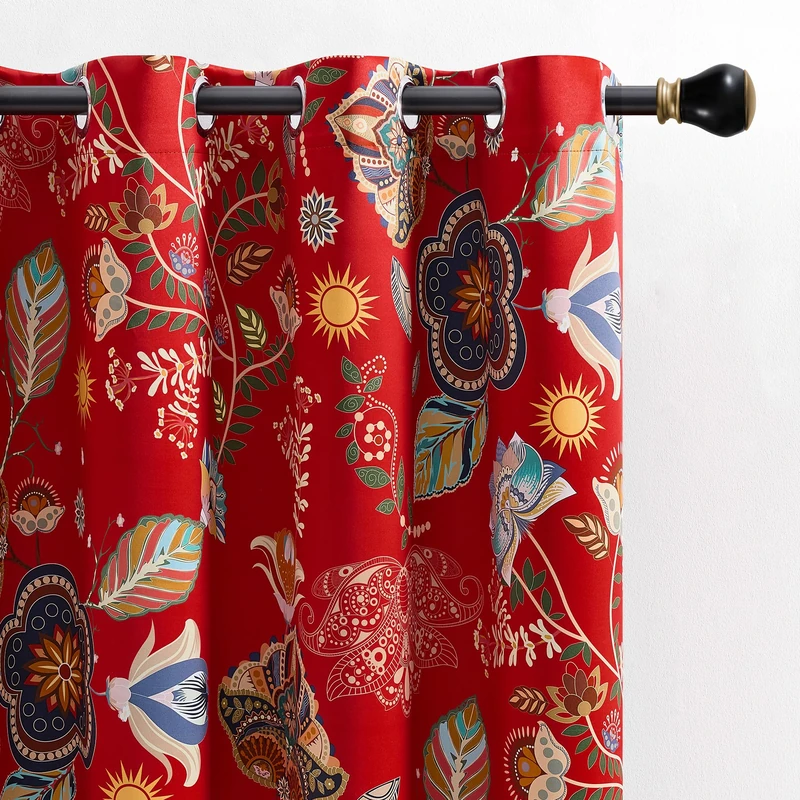 XiDi Christmas Red Blackout Curtains for Living Room Bedroom Luxury Vintage Floral Patterned Curtains 108 Inches Long 2 Panels Thermal Insulated Botanical Leaf Printed Grommet Window Drapes 52x108