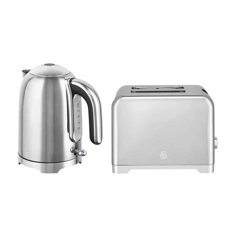 Swan Solace Kitchen Set, 1.7L Rapid Boil Kettle with High Gloss Finish and 930W 2-Slice Toaster with 7 Browning Levels, Stainless Steel with Chrome Trim, SK19026SS & ST19031SS