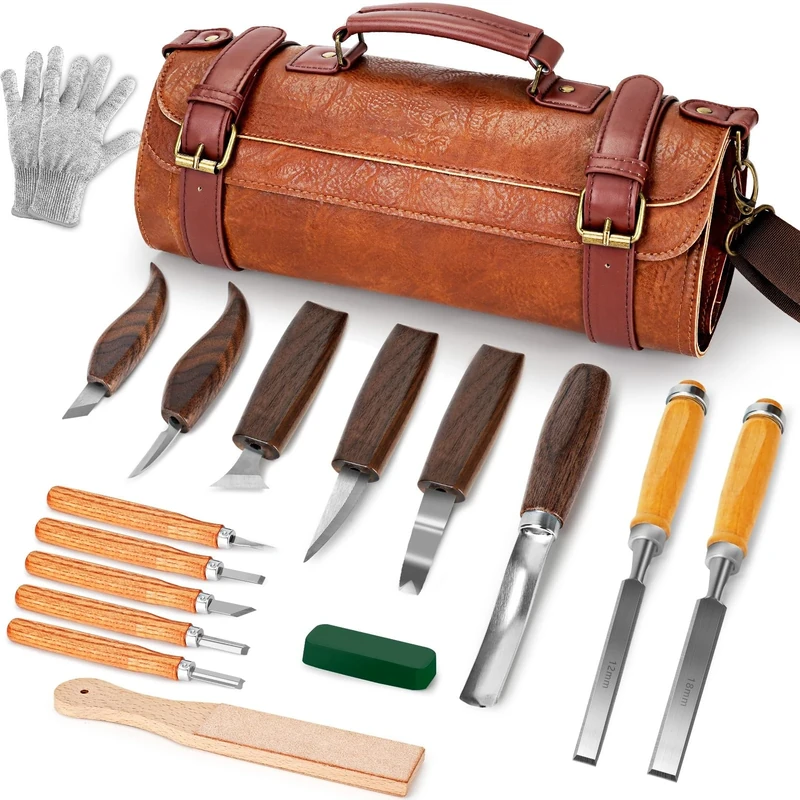 K KERNOWO Woodworking Set 17PCS Wood Tools Kit for Whittling & Carving, Including Premium PU Leather Wrap for DIY Beginners and Enthusiasts