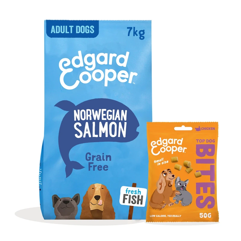 Edgard & Cooper Dog Dry Food Salmon Grain Free 7kg + Chicken Dog Treats Bites 1x50g - Kibble & Treats Bundle