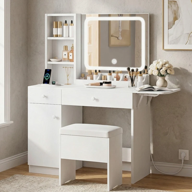 IRONCK Vanity Desk with LED Mirror & Stool, Dressing Table with Charging Station, 2 Drawers & Storage Cabinet, 3 Adjustable Light Colors, Modern Makeup Table for Women’s Bedroom, White