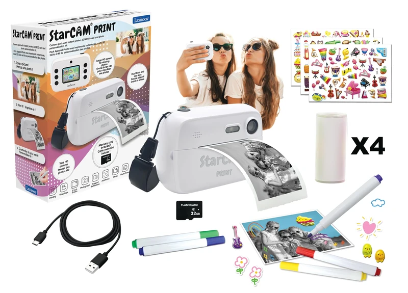 Lexibook, StarCAM Print, Camera pack with instant printer, Photo and video function, 32GB SD card and photo personalization kit included, White, DJ150LXB