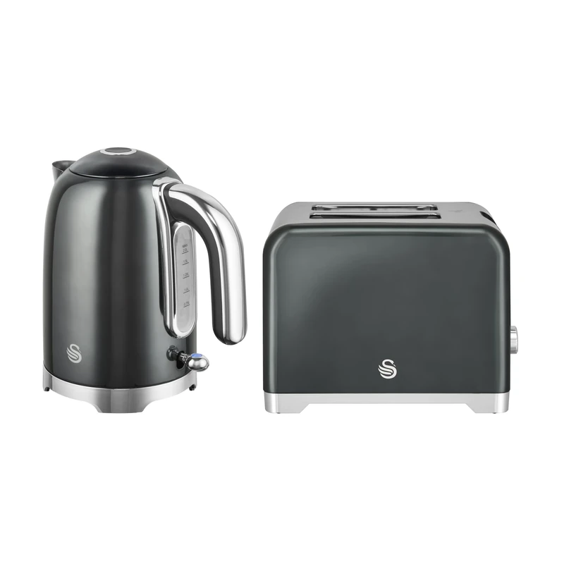 Swan Solace Kitchen Set, 1.7L Rapid Boil Kettle with High Gloss Finish and 930W 2-Slice Toaster with 7 Browning Levels, Graphite with Chrome Trim, SK19026GRP & ST19031GRP