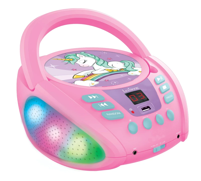 Lexibook, Unicorn, Bluetooth CD player for kids, Portable, Multicoloured light effects, Microphone jack, Aux-in jack, AC or battery-operated, Girls, Boys, Pink, RCD109UNILXB