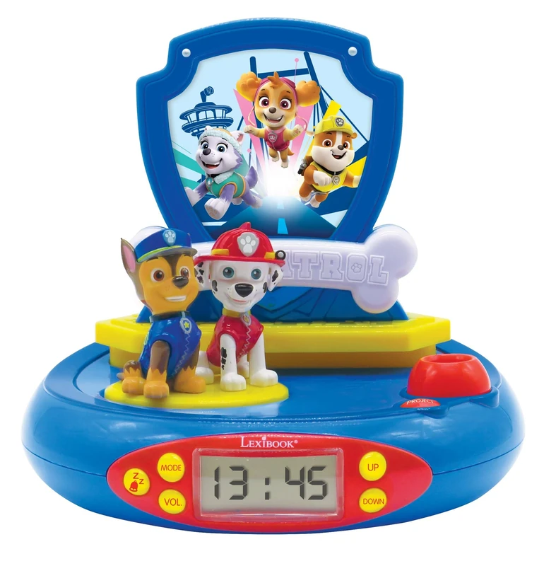 LEXIBOOK, Paw Patrol, Projector Alarm Clock for kids, Nightlight and time projection to the ceiling, Sound Effects, Battery-powered, Blue, RP500AC