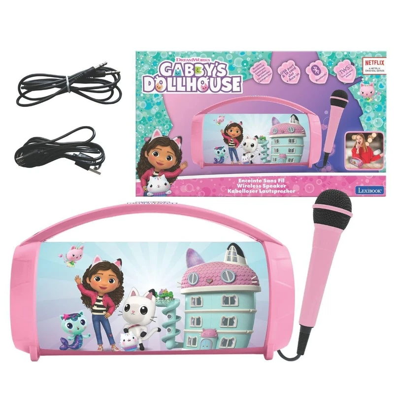 Lexibook, Gabby's Dollhouse, Wireless light speaker with microphone, Stereo sound, Karaoke function, USB and SD card ports, Rechargeable battery, Carrying handle, Pink, BTP585GDHZLXB