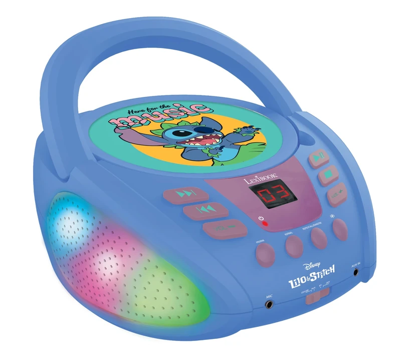 Lexibook - Disney Stitch - Bluetooth CD player for kids – Portable, Multicoloured light effects, Microphone jack, Aux-in jack, AC or battery-operated, Girls, Boys, Blue, RCD109DLXB