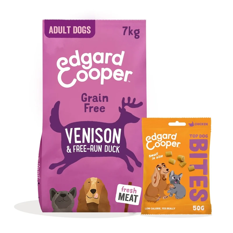 Edgard & Cooper Dog Dry Food Venison & Duck Grain Free 7kg + Chicken Dog Treats Bites 1x50g - Kibble & Treats Bundle