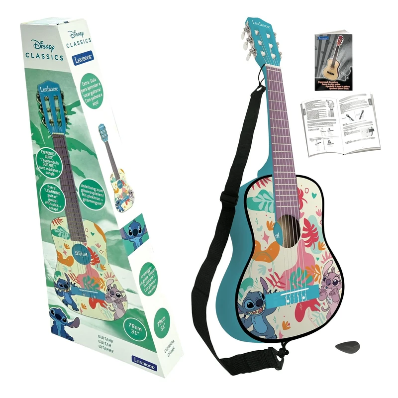 Lexibook, Disney Stitch, My first wooden acoustic guitar, 6 nylon strings, 78 cm (30"), Learning guide, pick and strap included, Blue, K2000DLXB