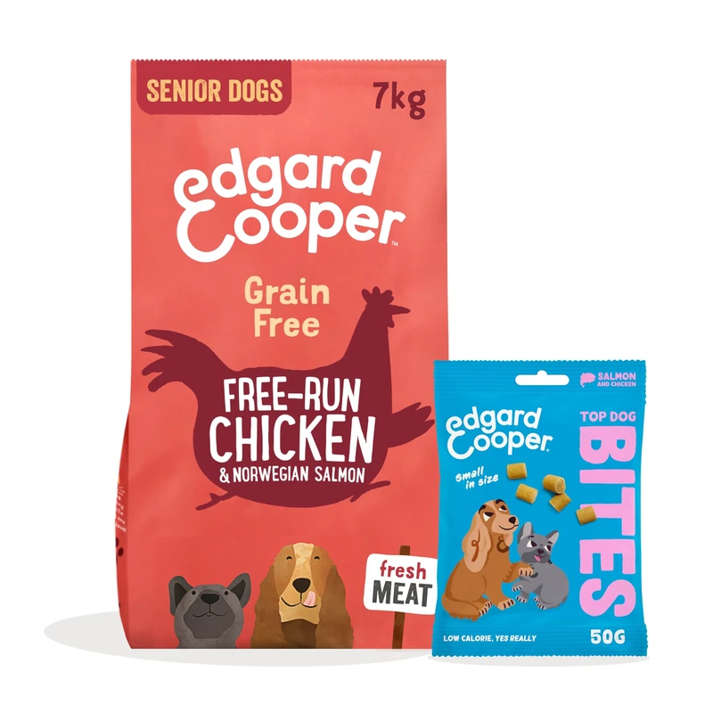 Edgard & Cooper Dog Dry Food Senior Chicken & Salmon Grain Free 7kg + Salmon Dog Treats Bites 1x50g - Kibble & Treats Bundle