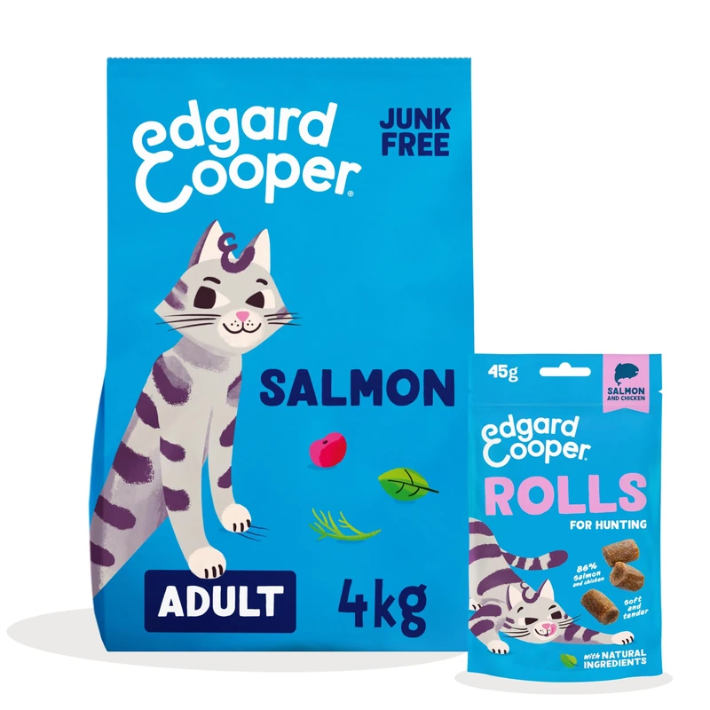Edgard & Cooper Cat Dry Food Salmon 4kg + Salmon Cat Treats Rolls 1x45g - Kibble & Treats Bundle