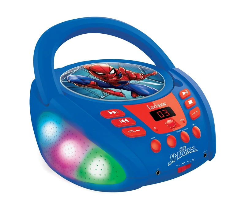 Lexibook, Spider-Man, Bluetooth CD player for kids, Portable, Multicoloured light effects, Microphone jack, Aux-in jack, AC or battery-operated, Girls, Boys, Blue/Red, RCD109SPLXB