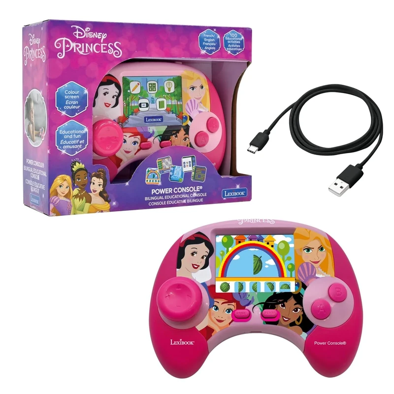 LEXIBOOK, Disney Princess, Power Console®, Bilingual educational game console with 100 activities, French/English, Pink, JCG100DPi1LXB