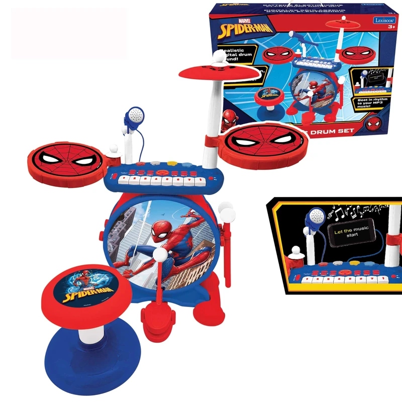 Lexibook, Spider-Man, Electronic Set for Children, Musical Toy Game, Realistic Drum Sound, 8-Keys Keyboard, MP3 Plug, seat Included, Blue/red, K610SPLXB