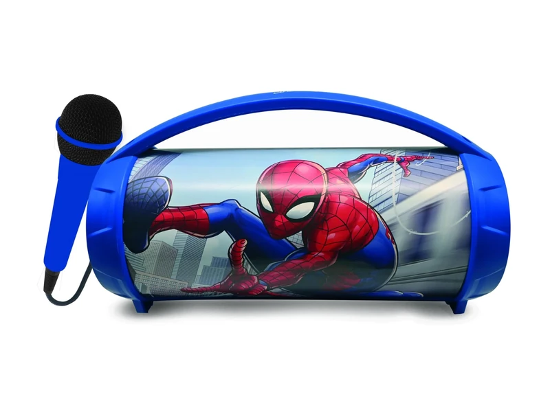 LEXIBOOK, Spider-Man, Wireless light speaker with microphone, Stereo sound, Karaoke function, USB and SD card ports, Rechargeable battery, Handle to carry everywhere, Blue, BTP585SPZLXB