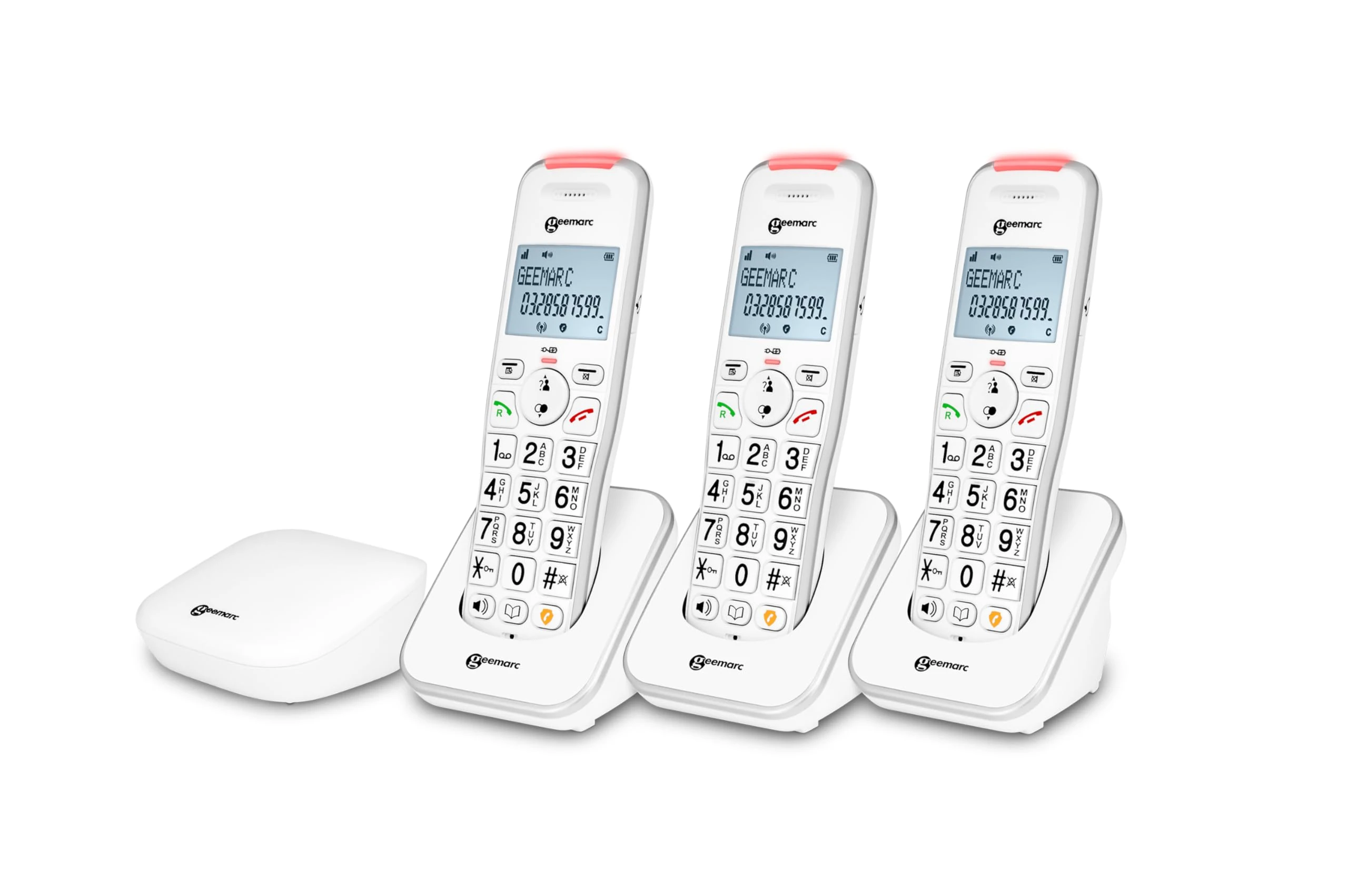 Geemarc Liberty 200 Trio, Amplified Home Telephones with Small DECT Base, Loud Ringer, Hearing Aid Compatible Cordless Phones, Easy Use 3 Cordless Handsets to Be Placed Anywhere in the House