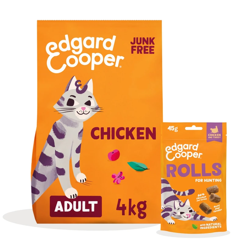 Edgard & Cooper Cat Dry Food Chicken 4kg + Chicken Cat Treats Rolls 1x45g - Kibble & Treats Bundle